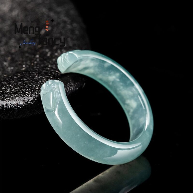 High-grade Natural A-goods Jadeite Blue Water Cat Claw Three-dimensional Carving Ice Jade Ring Cute Fashion Jewelry Holiday Gift