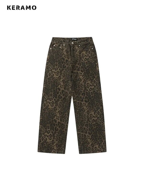 Женские винтажные джинсы с леопардовым принтом, простые повседневные свободные брюки оверсайз с широкими штанинами, уличная одежда в стиле хип-хоп, весна-осень 2024