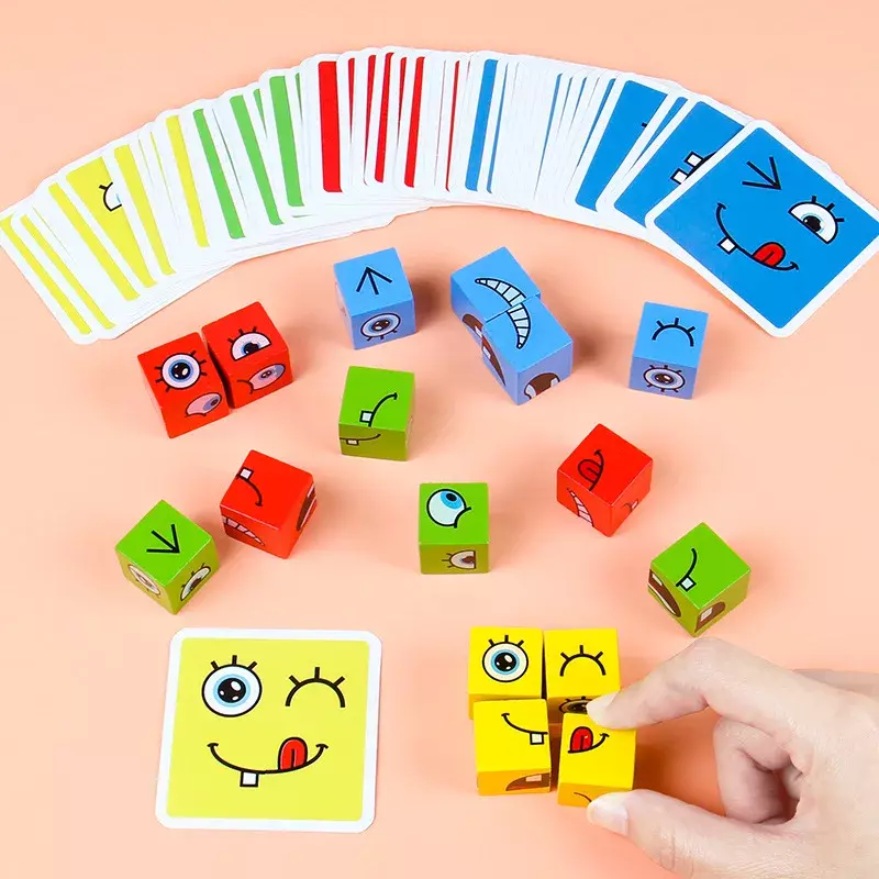 큐브 얼굴 변경 빌딩 블록 보드 게임 나무 퍼즐, 몬테소리 표현, 어린이 장난감 선물