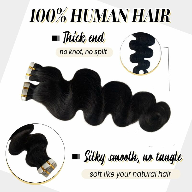 Extensões onduladas do corpo para mulheres negras, 100% cabelo humano remy real, trama da pele, cola adesiva, preto natural