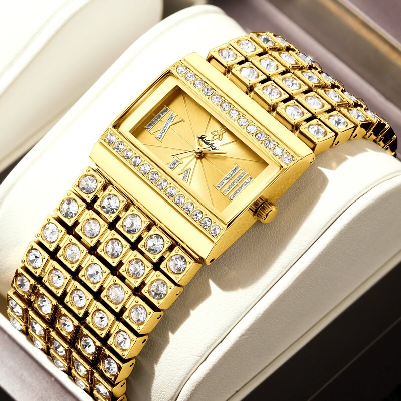 YaLaLuSi-Reloj de pulsera chapado en oro para mujer, accesorio de lujo con diamantes de cristal, caja de regalo, removedor de reloj, 2024