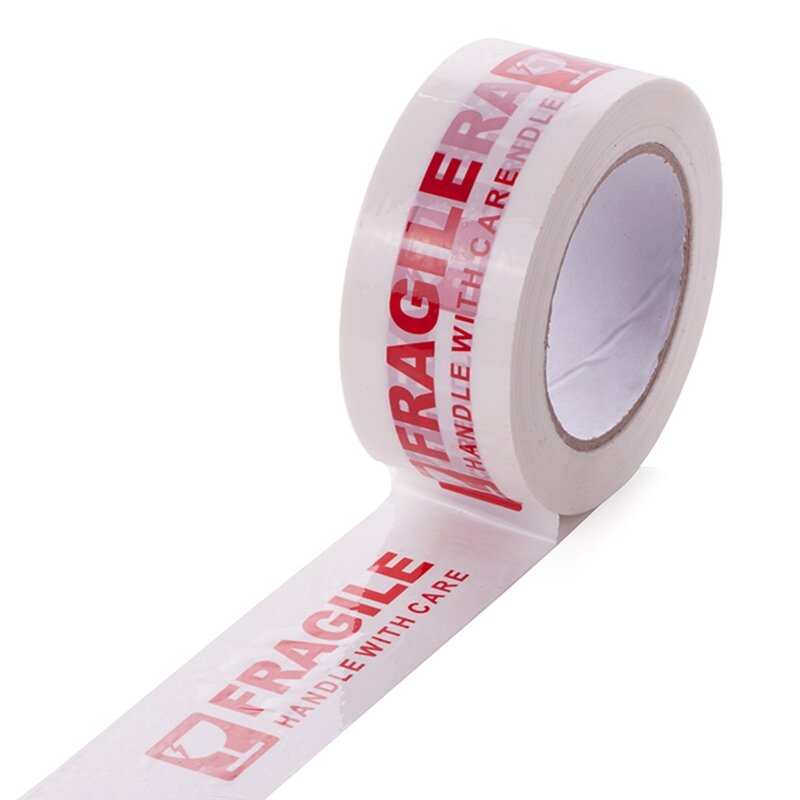 Alça fita embalagem frágil branca e vermelha com cuidado etiqueta adesiva advertência envio Bopp 100m x 50mm