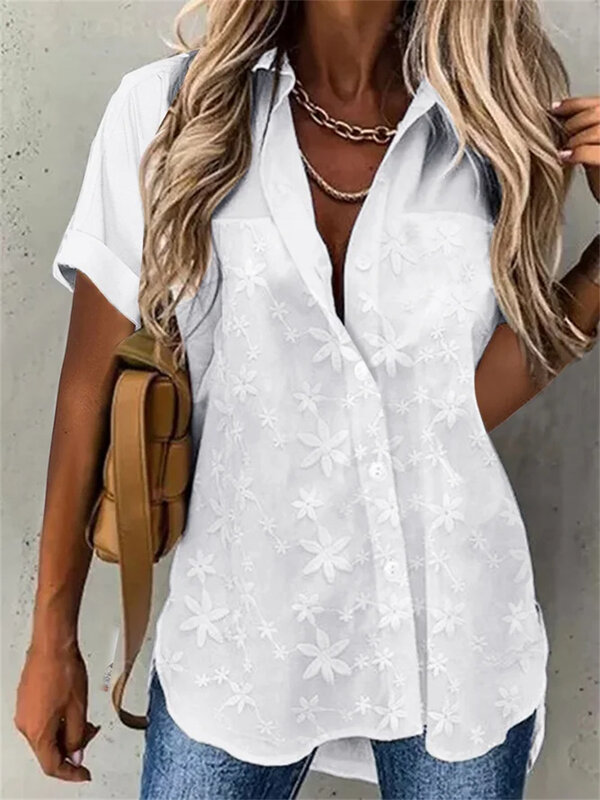 Women's Summer New Loose V-neck Button Short Sleeve Print Shirt Woman Lady Fashion Casual Commuter Top Female Clothing