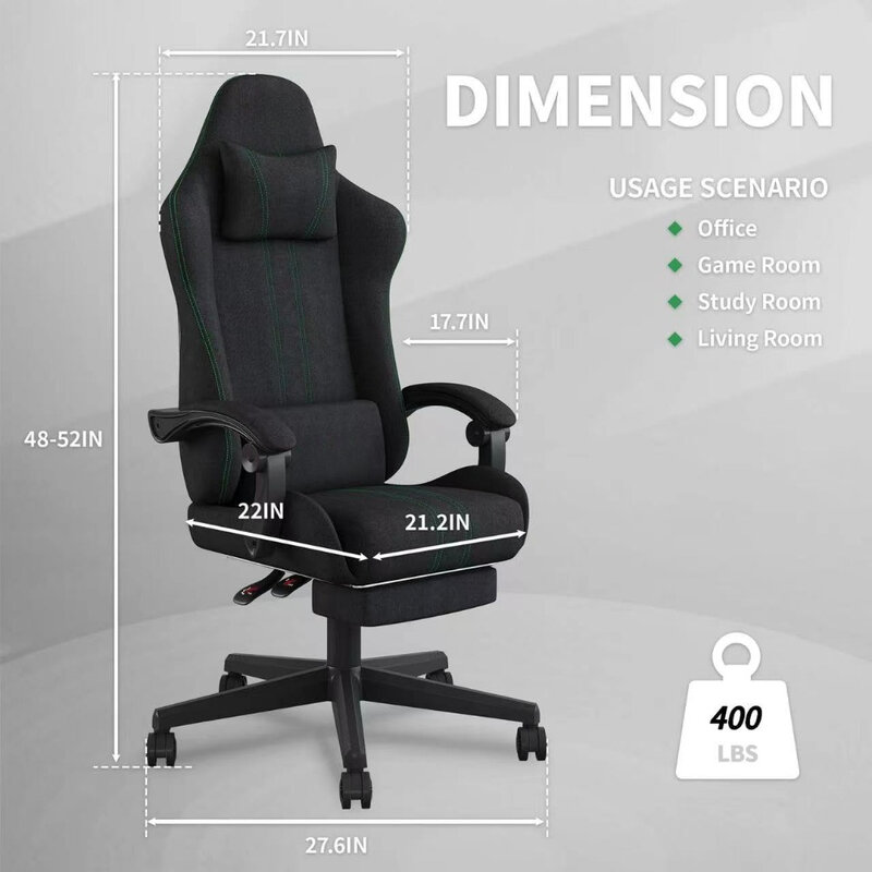 Computer Chair Breathable Fabric Cloth with Backrest with Footrest,Lumbar Support Swivel Recliner Game Chair Height Adjustable