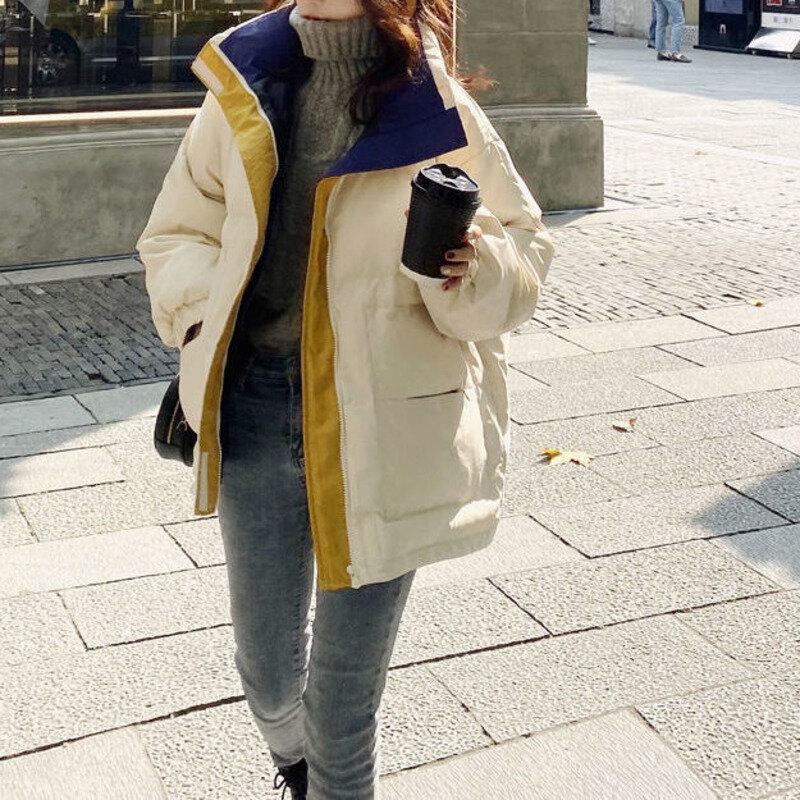 Giacca invernale donna cappotto imbottito in cotone finto due colletto alla coreana addensato sciolto nero caldo Streetwear Bubble Coat Fashion