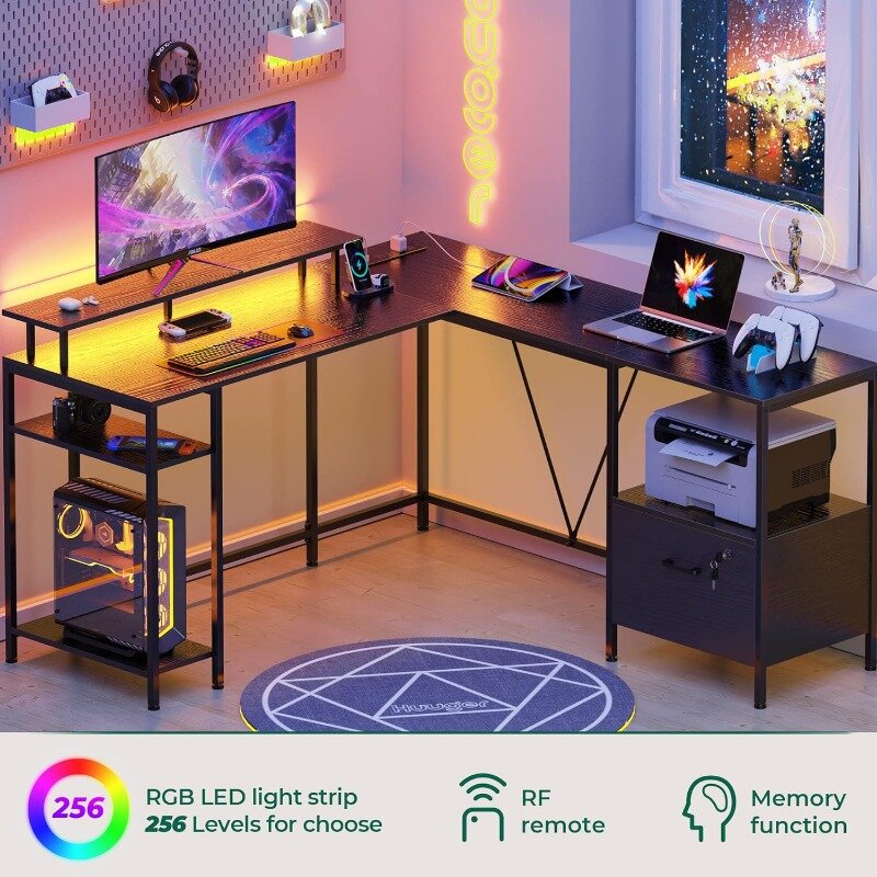 Huuger โต๊ะคอมพิวเตอร์รูปตัว L พร้อมปลั๊กไฟและไฟ LED โต๊ะคอมพิวเตอร์แบบพลิกกลับได้ (สีดำ/ สีน้ำตาลธรรมดา) สามารถเลือกได้