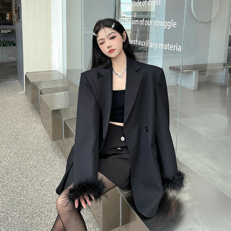 Abrigo de traje negro para mujer, chaqueta informal de longitud media, Top de traje suelto, primavera y otoño, nuevo