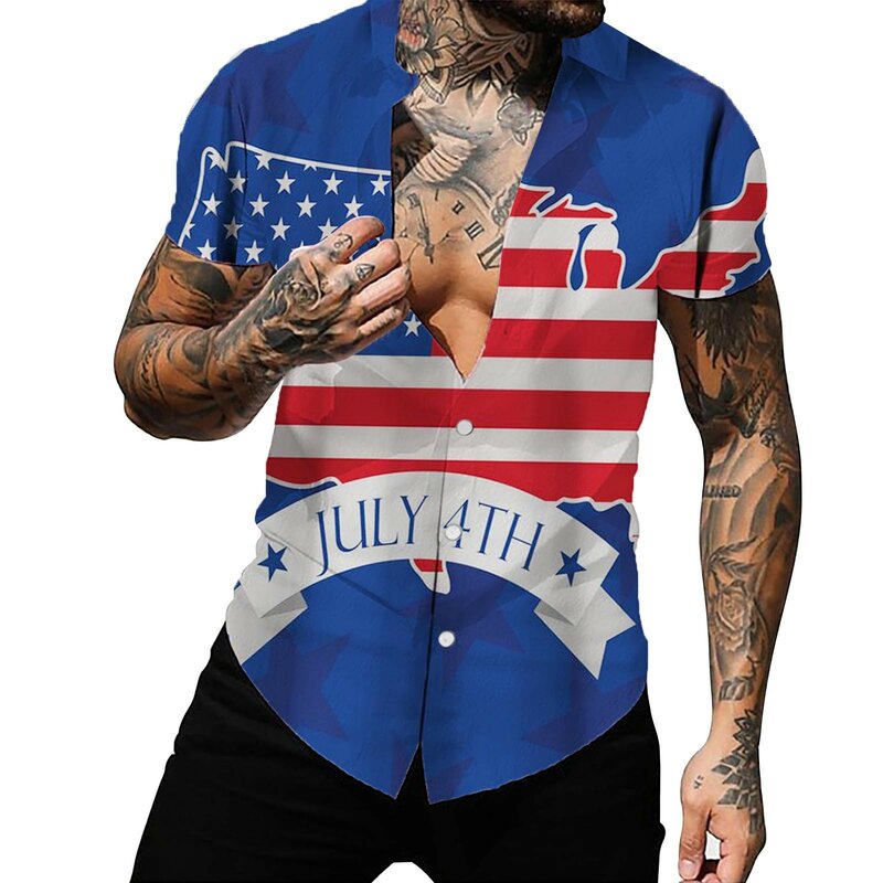 Independence Day Feel Cardigan imprimé en 3D, Chemise décontractée, Chemise à manches courtes, Streetwear de plage, Respzed