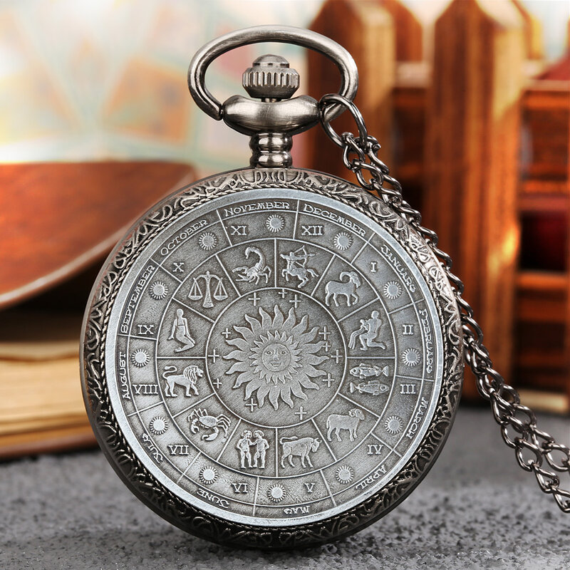 Reloj de bolsillo con colgante de cadena negra y gris Vintage, con diseño de moneda de recuerdo, collar de cuarzo, serie de doce constelaciones