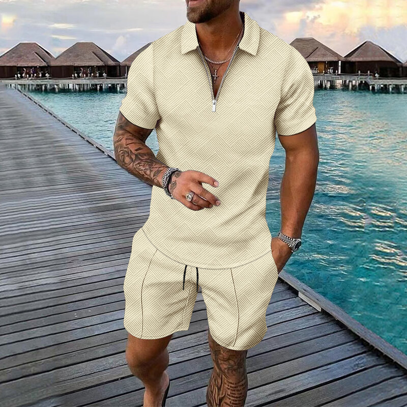 New Men's Suit Solid Jacquard craft Summer Casual Short Sleeve Polo Shirt Shorts Suit Fashion Zipper Polo Shirt Two Piece Set