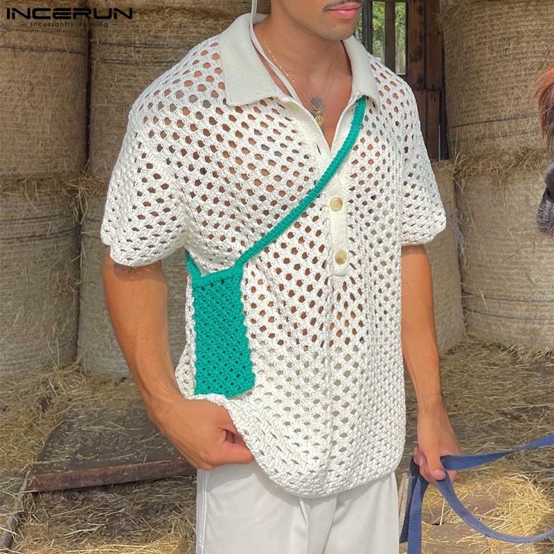 Рубашка INCERUN мужская с отложным воротником, однотонная ажурная прозрачная уличная одежда с короткими рукавами, модная повседневная одежда, лето 2024