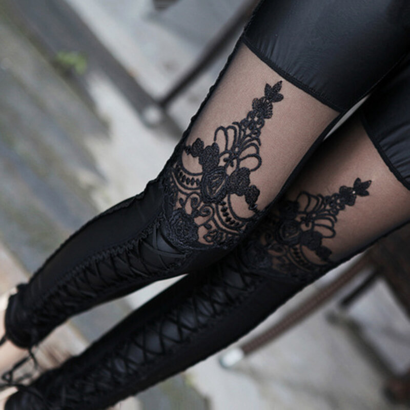 Stylish Sexy Women Faux Leather Gothic Punk Leggings Pants Imitation Lace Skinny Pants Nine-point Trousers Leather Goth Pants