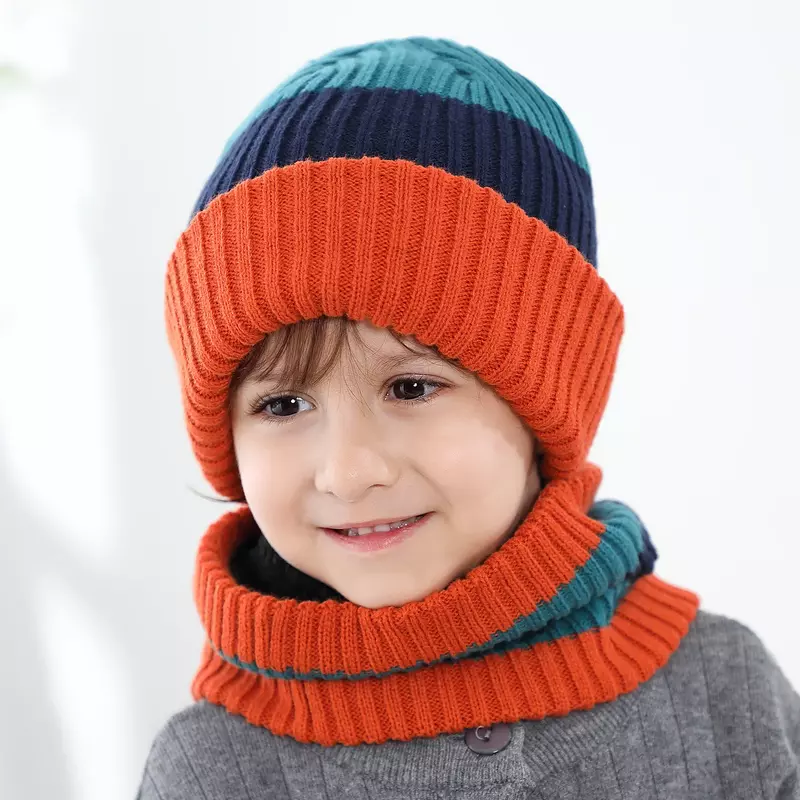 Детский зимний комплект из шапки и шарфа, милые полосатые шапки-бини, шапки для девочек и мальчиков, однотонные вязаные толстые шапки, комплект снуда для девочек, детская модель