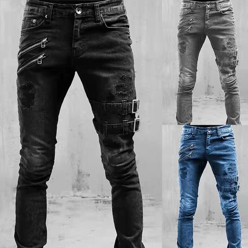 Jeans elásticos retos para homens, Retro Moto Biker Streetwear, Zipper Hole, Skinny Denim, Calças Cargo, Roupas Punk, Y2K