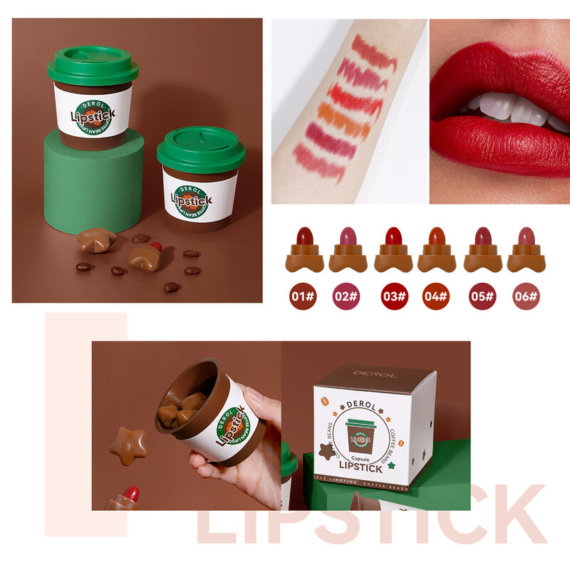 6 Kleuren Mini Koffie Capsule Lipsticks Matte Fluwelen Ster Lipsticks Hydraterende Hydraterende Waterdichte Langdurige Cosmetische