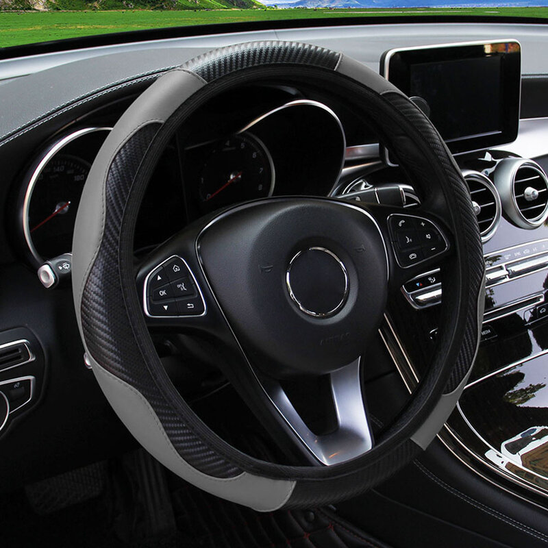 سيارة غطاء عجلة القيادة تنفس مكافحة زلة بولي Leather الجلود توجيه يغطي مناسبة 37-38.5 سنتيمتر السيارات الديكور ألياف الكربون