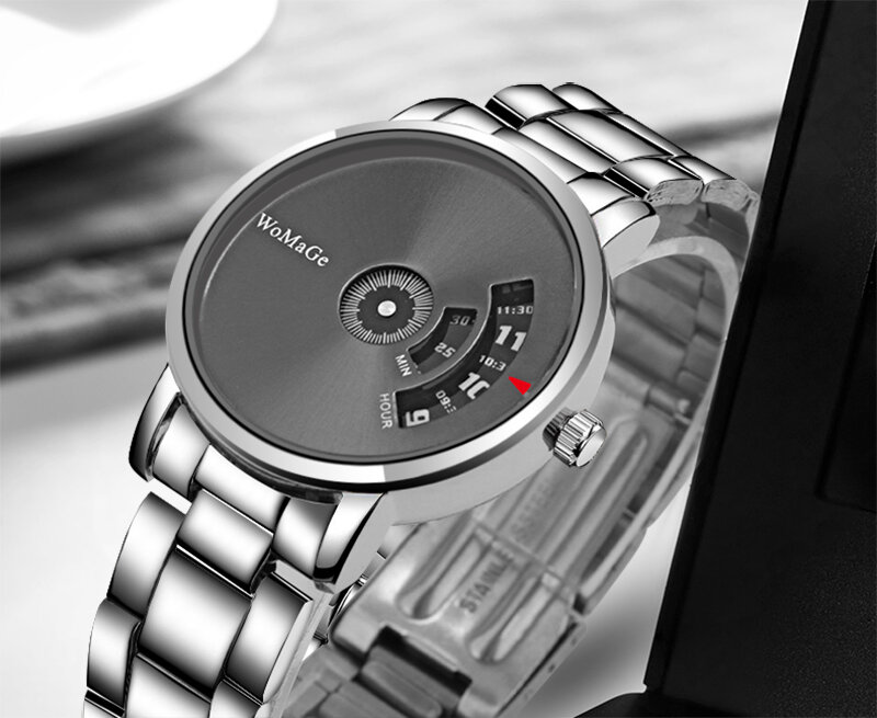 Relógio Quartz em Aço Inoxidável para Homens, Relógios Pretos Únicos, Turntable