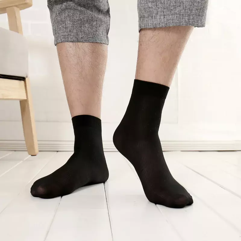 New Solid 5pairs/Lot Business Mens Summer Socks Thin Silk High Elastic Nylon Breathable Casual Short Crew Socks Male Cool Socks