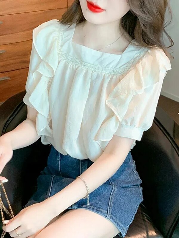 Jmprs-blusa feminina de chiffon babados, elegante camisa coreana doce, manga curta, com gola quadrada, casual lady tops, moda verão