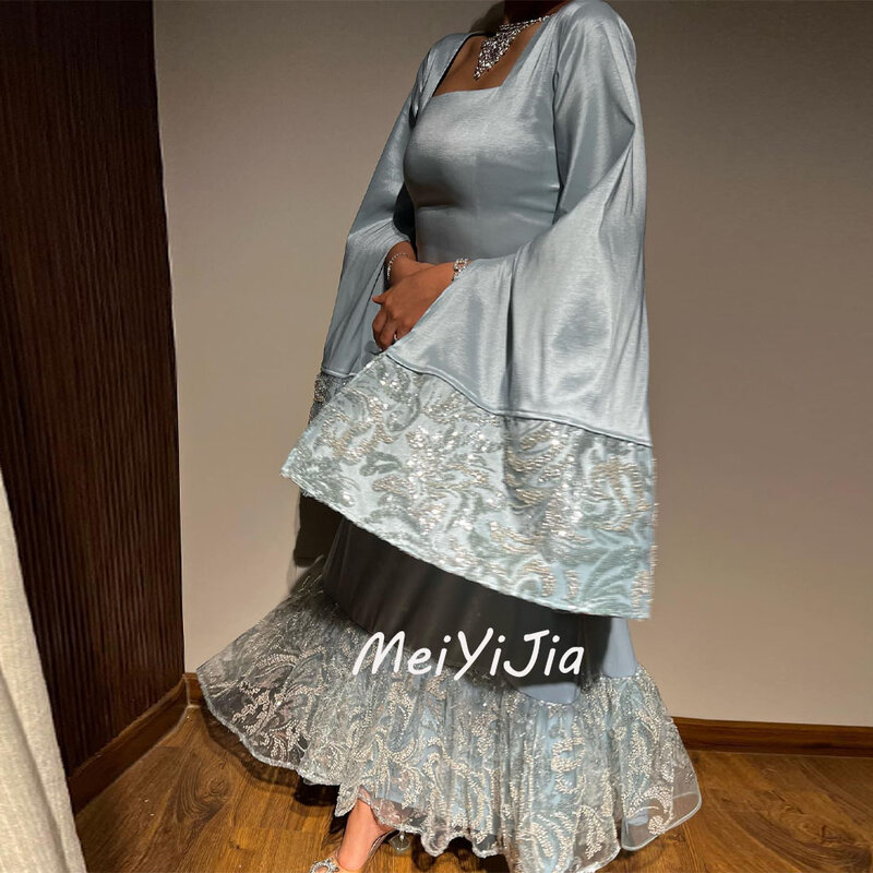 Meiyijia  Evening Dress Square Necklin Beaded Long Sleeves Pleated Saudi  Arabia  Sexy Evening Birthday Club Outfits Summer 2024