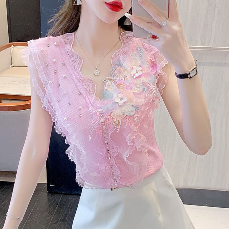 Блузка женская свободного кроя, модная сетчатая рубашка без рукавов, с оборками, со стразами и бисером, вязаный Топ в Корейском стиле, лето 2024