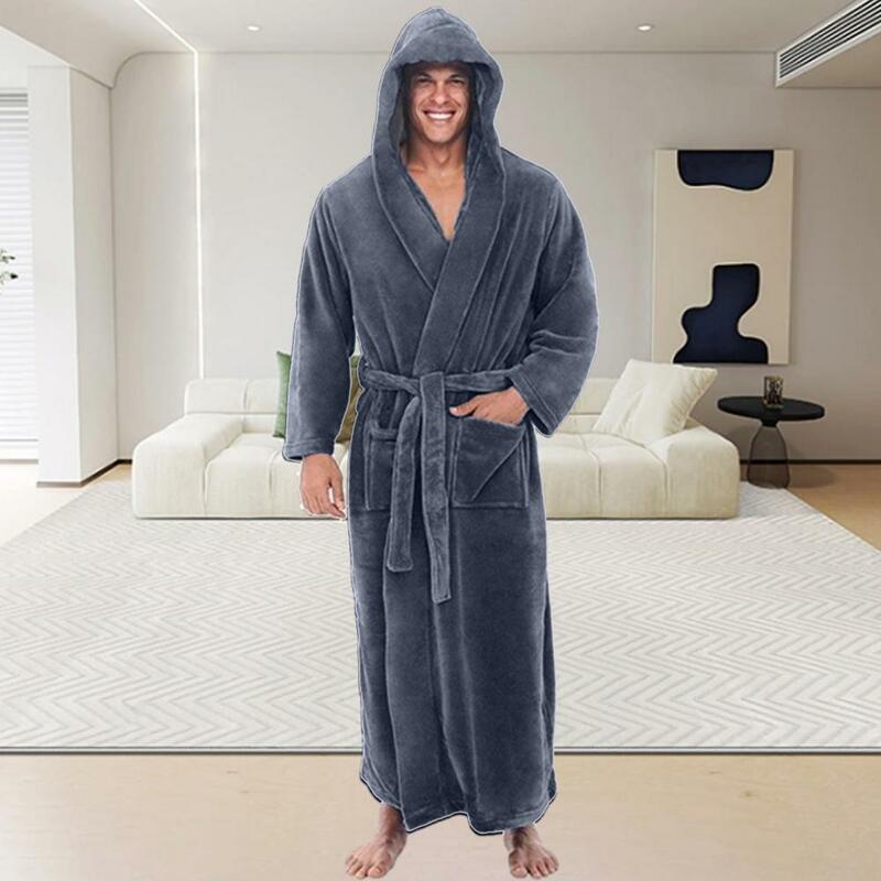 Plush Bathrobe Super Soft Men's Hooded Bathrobe with Adjustable Belt Fluffy Highly Absorbent Solid Color with Pocket for Male