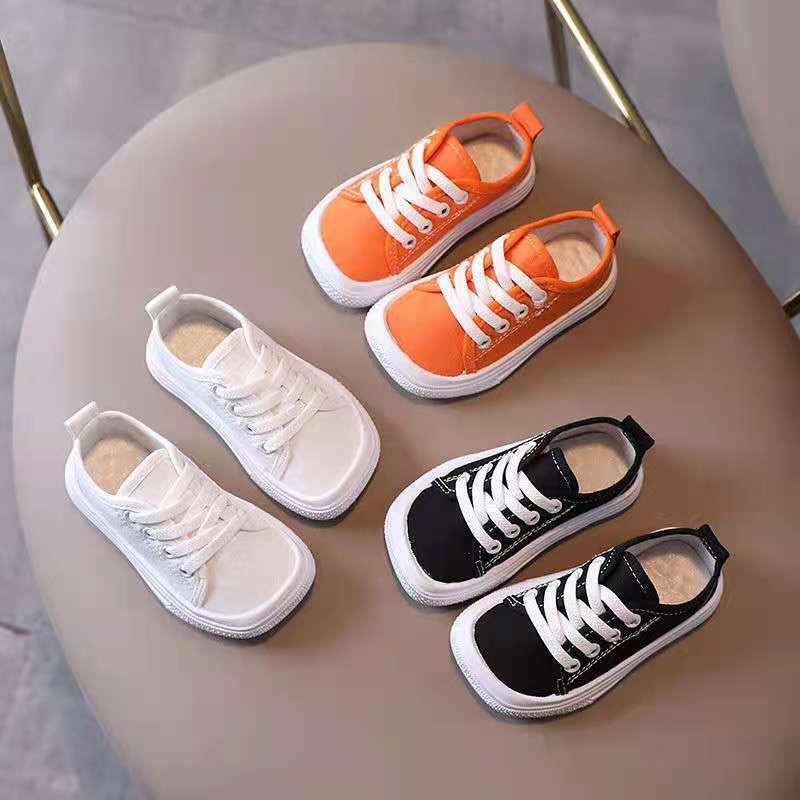 Calçado de lona infantil, sapato de lazer feminino, tênis infantil, calçados esportivos casuais para jardim de infância, preto, branco, laranja