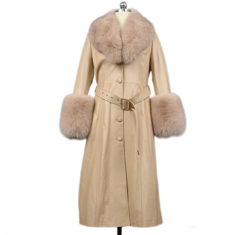 Manteaux d'hiver longs en cuir pour femmes, coupe-vent, col en vraie fourrure de renard, veste manchette en fourrure, ceinture solide, pardessus à la mode, 7930B, 2022