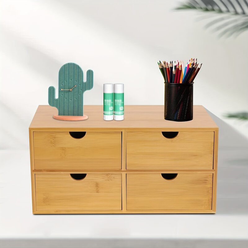 Organizador de escritorio de bambú con 4 cajones, mini cajón pequeño, caja de almacenamiento, suministros de oficina, 4 cajones