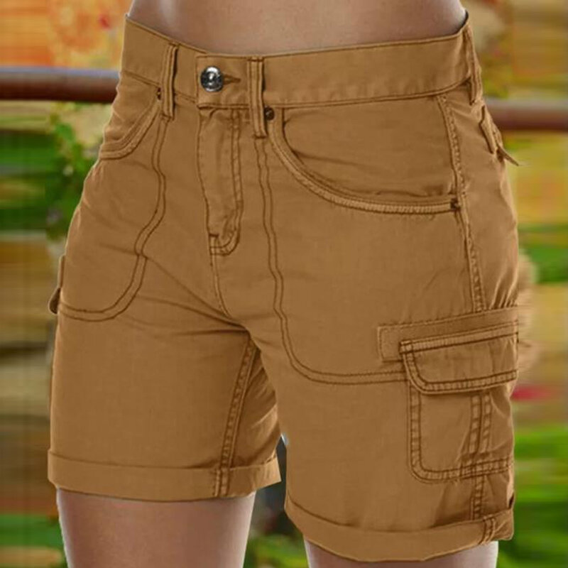 Women Fashion Mid Waist Office Trousers Trend 2023 Female Clothing Solid Cargo Shorts Harajuku Big Pockets Slim Solid Pants