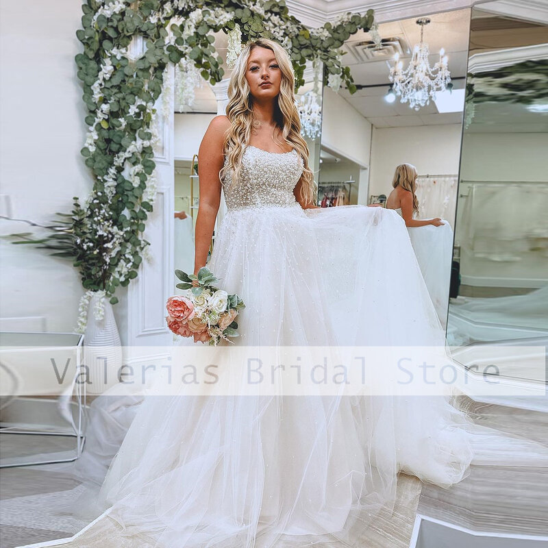 Luxury Strapless Beaded Pearls Mermaid Wedding Dresses Elegant A-Line Long Bridal Dress Sweep Train Vestidos De Novia