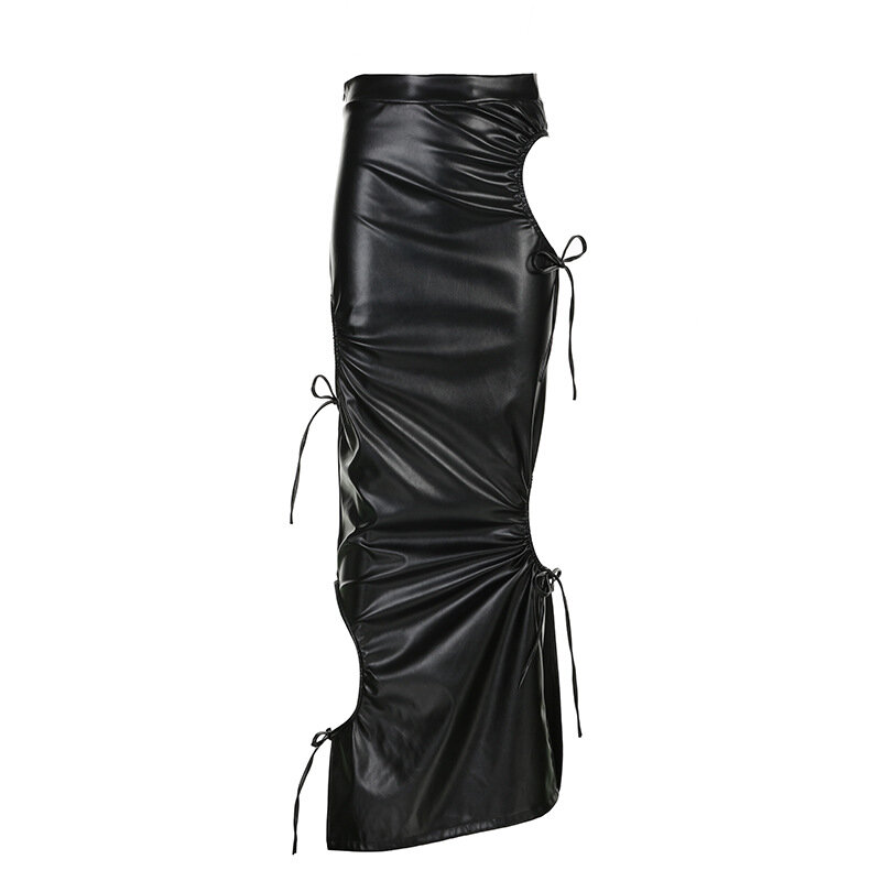 Einfarbiges elastisches Pu-Leder hoch taillierter Hohl riemen plissiert eng anliegende Tasche Gesäß sexy würziges Mädchen besondere halbe Länge