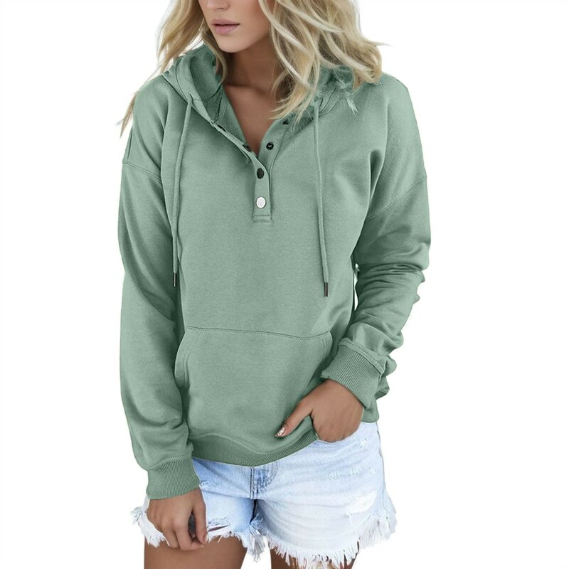 Hooded Long Drawstring Pocket For Womens Sleeve Down Hoodies Neck Sweatshirts Pullover V Button Women'S Hoodies Sweatshirts 2024