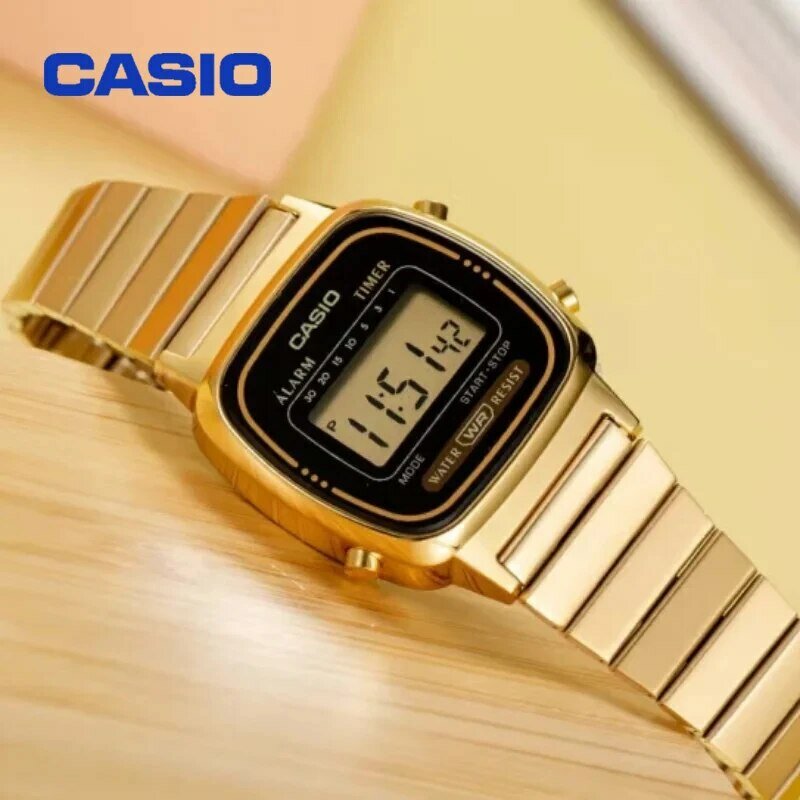 Casio-Série de relógios digitais retrô masculino, cronômetro data multifuncional, relógio quadrado pequeno, prata e ouro, empresarial e empresarial