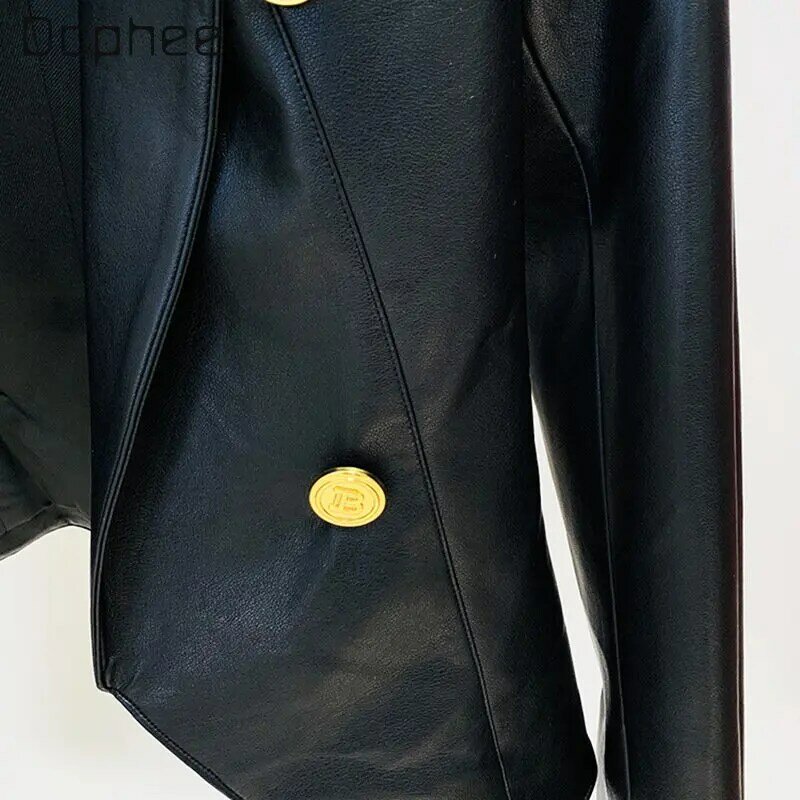 Veste en cuir à double boutonnage en métal pour femme, blazer sans col, coupe couvertes, mode élégante, automne et hiver, nouveau, 2023