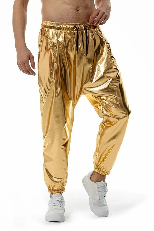 Pantaloni da festa da discoteca per uomo pantaloni della tuta oro Shinny Dance Stage Joggers Costume Homme 2024 Hip Hop outfit pantaloni