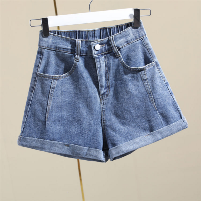 Shorts jeans ondulado e ondulado para mulheres, cintura elástica, ajuste fino, perna larga, cintura alta, calça nova e quente, cinza fumaça, verão, 2023