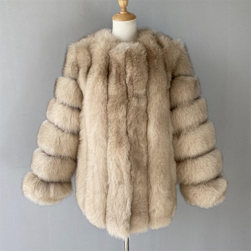 Jaxmonoy-Casaco de pele real feminino, pele de raposa natural, monocromático, casacos quentes e longos, casacos femininos, luxo e moda, outono e inverno