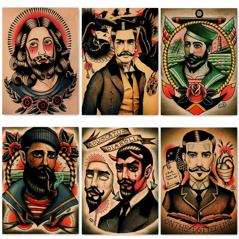 Lleva un giro Edgy a tu hogar con 6 carteles e impresiones de arte de tatuaje de papel Kraft Vintage, pintura de pared perfecta para amantes de los tatuajes