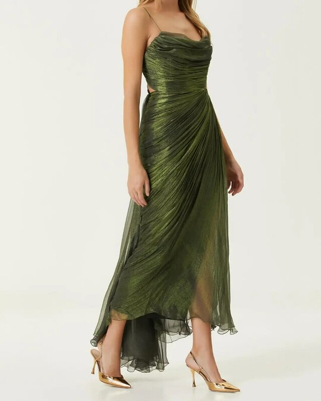 Oisslec gaun koktail gaun Prom sepanjang lutut gaun pesta malam Formal tali spageti hijau 2024 wanita buatan khusus