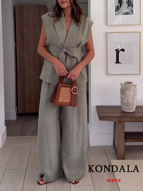 KONDALA Vintage Gray Solid Chic Women Suit Sleeveless Notched Belt Top Straight Loose Pants New Fashion 2024 Summer Sets