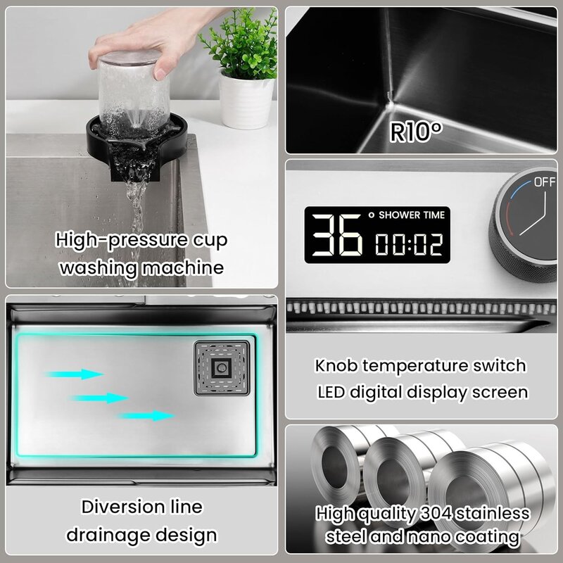 Raindance-fregadero de cocina inteligente con pantalla Digital Nano 304, acero inoxidable, grifo extraíble, lavado de tazas presurizado