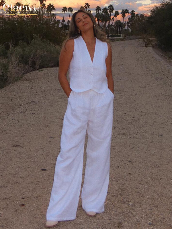 Clacive-Conjunto de dos piezas de lino blanco para mujer, camiseta sin mangas a la moda, nuevo conjunto de Pantalones anchos de cintura alta a juego, 2023