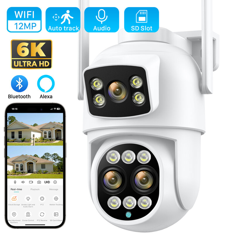 Câmera IP PTZ com Detecção Humana AI, Sistema de Segurança CCTV, Ecrãs Duplos, 3 Lentes, Zoom 8X, WiFi, Exterior, 6K, 12MP, HD, iCSee