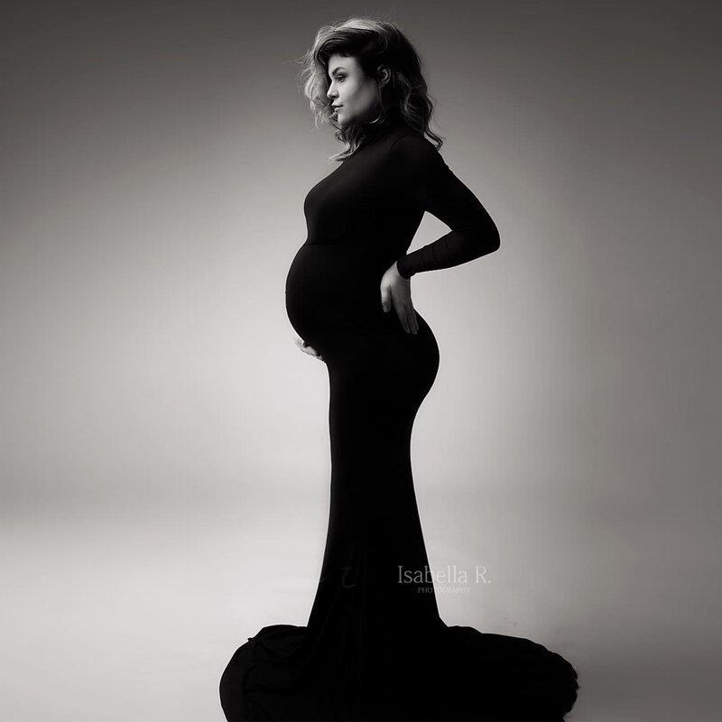 Moederschap Fotografie Gown Sexy Modieuze Zwarte Stretch Katoen Floor Lengte Jurk Babyborrels Pregnancyphoto Schieten Kostuum