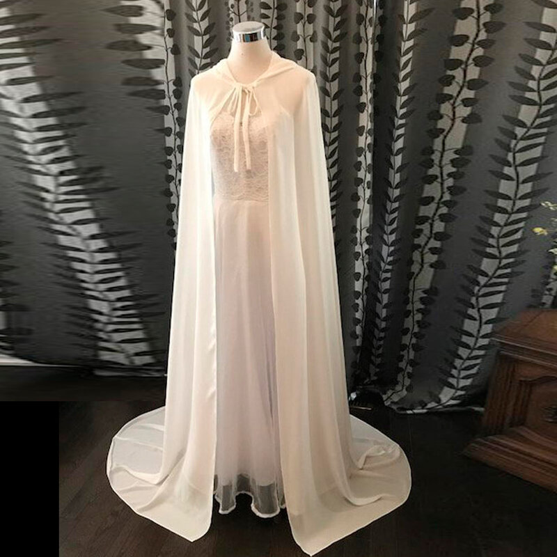 Chiffon Party Hooded Cloak ,Wedding Dress Bridal Chiffon Cape With Tape Bridal Shawl In White, Ivory