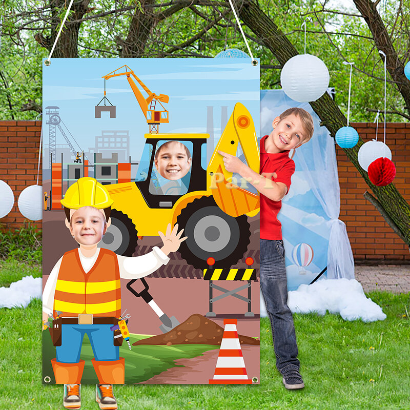 شاحنة بناء باب الصورة راية حفارة المشغل حفلة عيد ميلاد التصوير خلفية صور الدعائم التظاهر اللعب للأطفال
