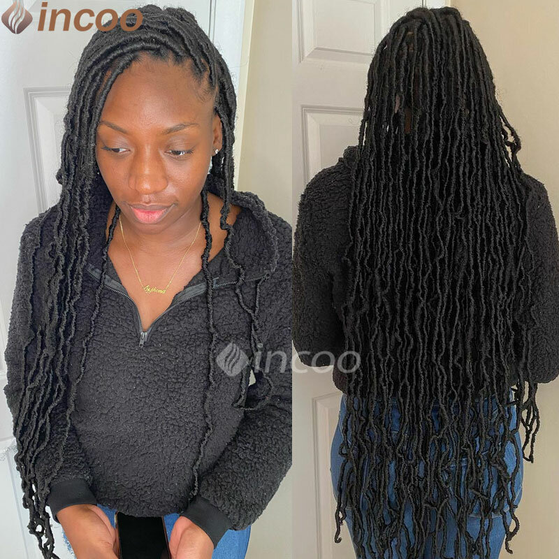 40 Inch Butterfly Locs Full Lace Braided Wigs Curly Ends Square Part Knotless Braided Wig Synthetic Braid Wig For Black Women