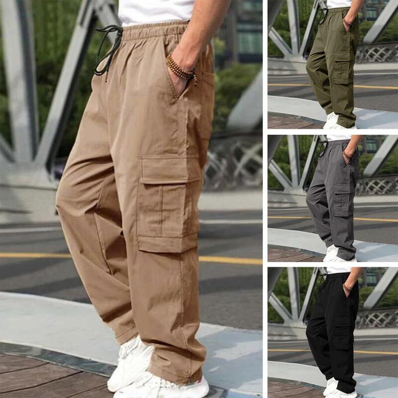 Pantalones Cargo para hombre, ropa de calle en la cintura con cordón, múltiples bolsillos, ajuste suelto, pantalones de pierna ancha, estilo informal