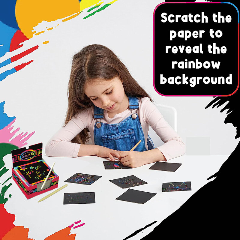Juego de notas adhesivas mágicas de arcoíris para niños, 100/5 piezas, Kits de arte para rascar negro, almohadilla, plantilla de dibujo, juguetes de pintura